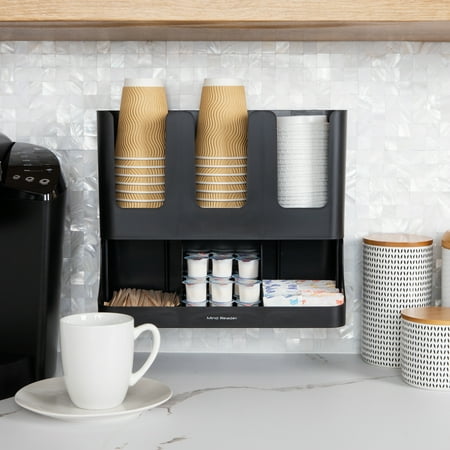 Mind Reader - Cup and Condiment Station, Countertop Organizer, Coffee Bar, Kitchen, Stirrers, 13"L x 6.4"W x 11.5"H - Black