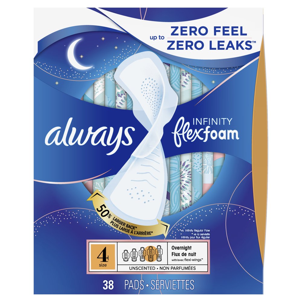 Always Infinity Overnight Pads with Wings, Unscented, Size 4, 38 Ct