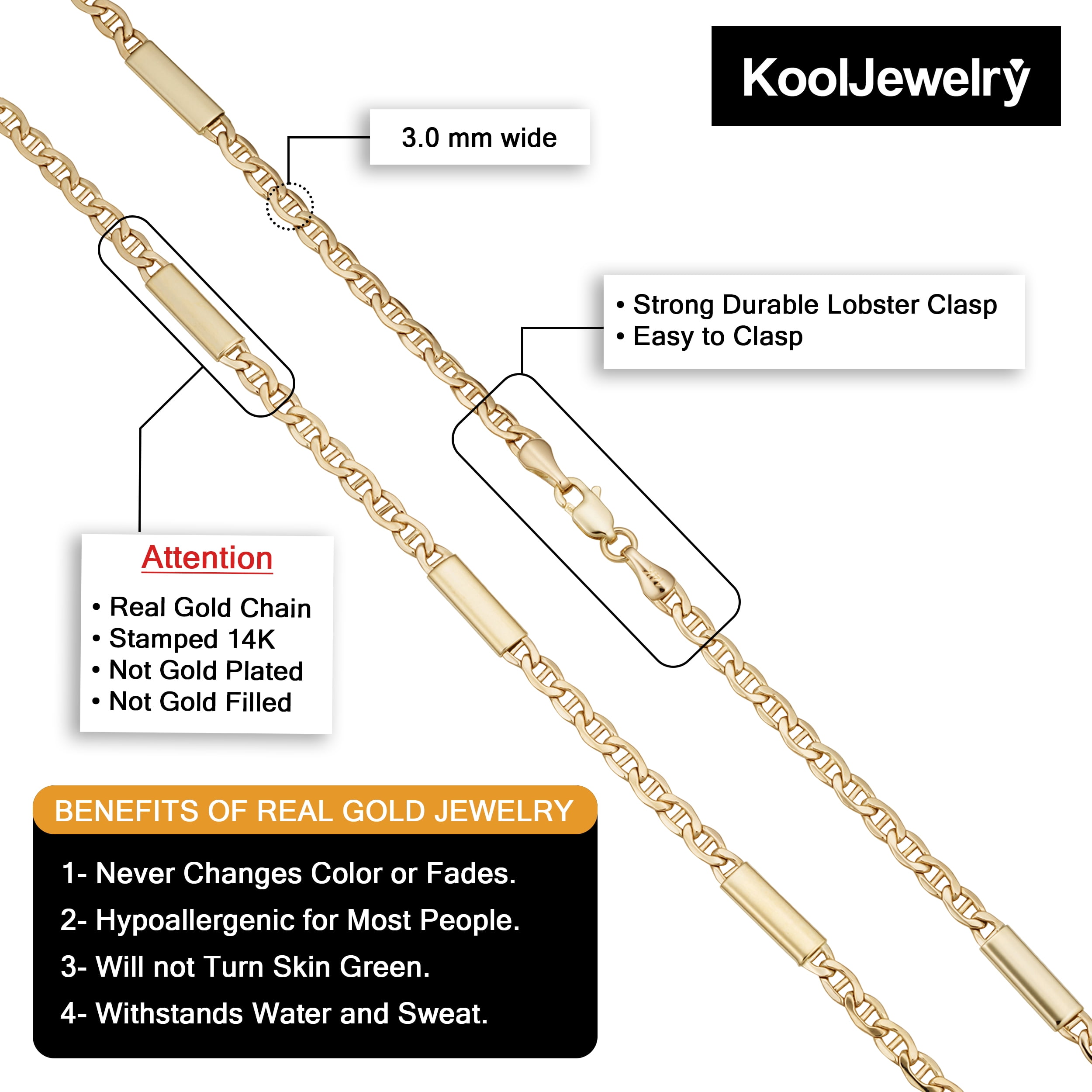 KoolJewelry Real 14k Yellow Gold Bar Station Mariner Link Necklace for Men and Women (20 inch)