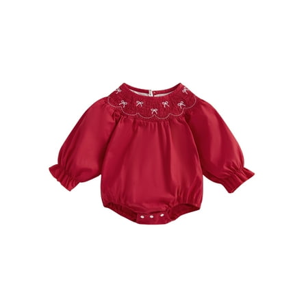 

Awevudst Baby Girl Smocked Romper Bow Embroidery Long Sleeve Bubble Jumpsuit
