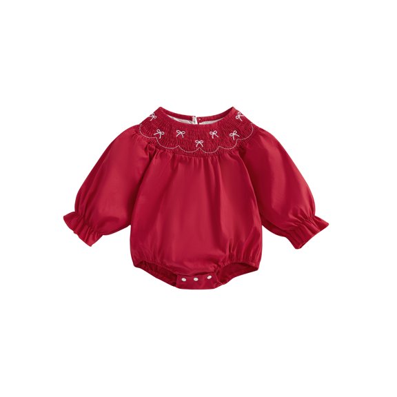 Michellecmm Toddler Baby Girl Smocked Romper Bow Embroidery Round Neck Long Sleeve Bubble Jumpsuit