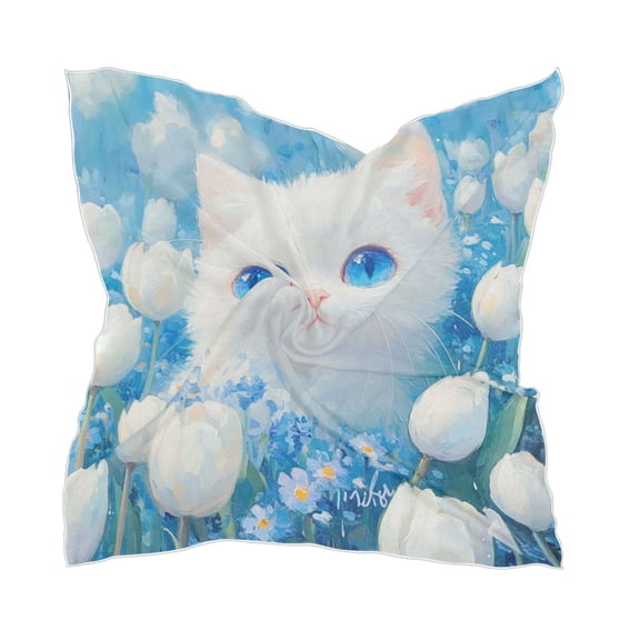 Cat with Blue Eyes Women's Fashion Soft Scarf Square Satin Head Scarf Neck Scarf Head Hair Wraps