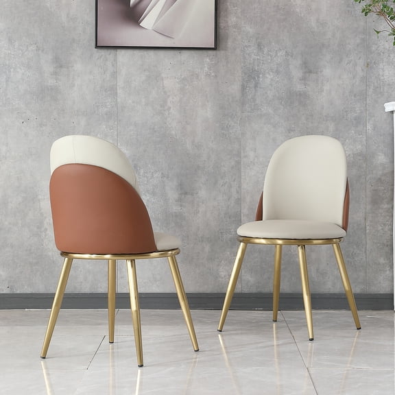 Set of 2 Dining Chairs, Modern PU Leather Dining Gold Metal Legs for Living Kitchen Dining Room (Beige)