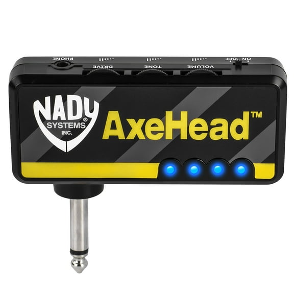 Nady AxeHead Miniature Headphone Guitar Amplifier – Built-in amp simulation with gain, tone and volume controls – includes headphones splitter, 3.5mm audio cable, and USB charging cable