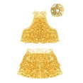 thumbnail image 3 of Alvivi Girls Sequins Dance Performance Outfits Sleeveless Halter Crop Top Skirt with Hair Band Set Gold 13-14, 3 of 5