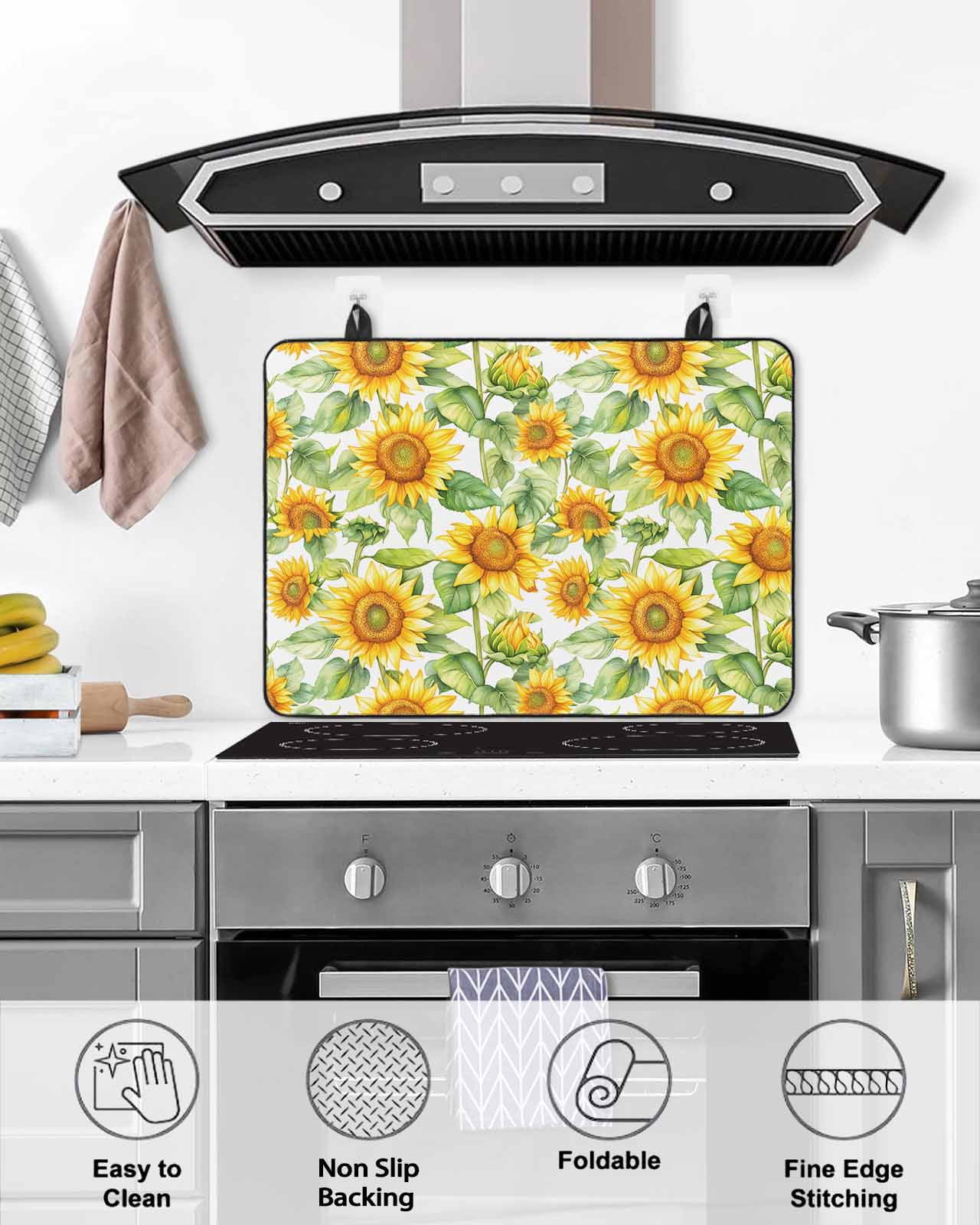 nqOlkjepod Large Induction Cooktop Protector Mat 24"x21", Sunflower Stove Top Covers for Electric Stove, Farmhouse Summer Botanical Watercolor Stove Burner Cover Mats, Glass Top Stove Cover