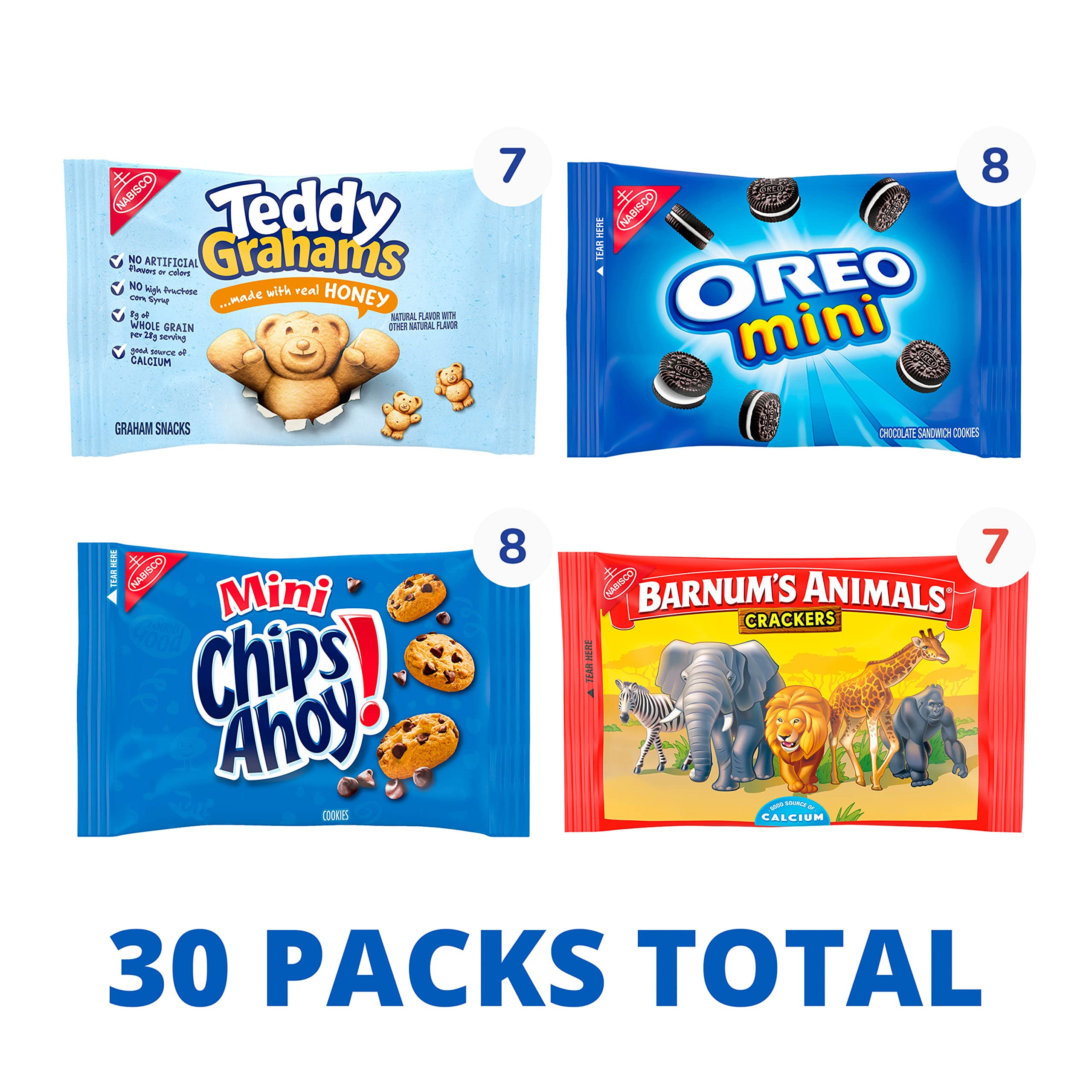 Nabisco Team Favorites Variety Pack, OREO Mini, CHIPS AHOY! Mini, Teddy Grahams Honey & Barnum's Animal Crackers, School Snacks, 30 Snack Packs YUN21