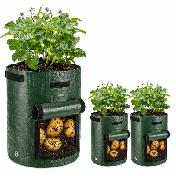 3 Pack 7 Gallon Grow Bags with Handles and Harvest Window Heavy Duty PE Planting Pots with Drainage Holes for Potatoes Tomatoes Vegetables Garden Outdoor