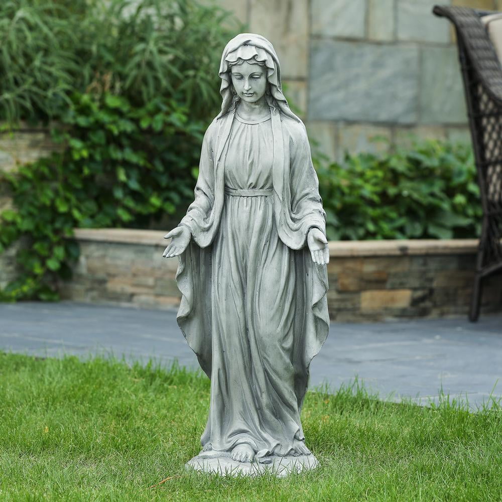 LuxenHome Virgin Mary Statue Outdoor, 30'' Gray Religious Blessed Mother Garden Statue, Indoor Outdoor Sculptures for Living Room, Yard, Patio, Front Porch Decor