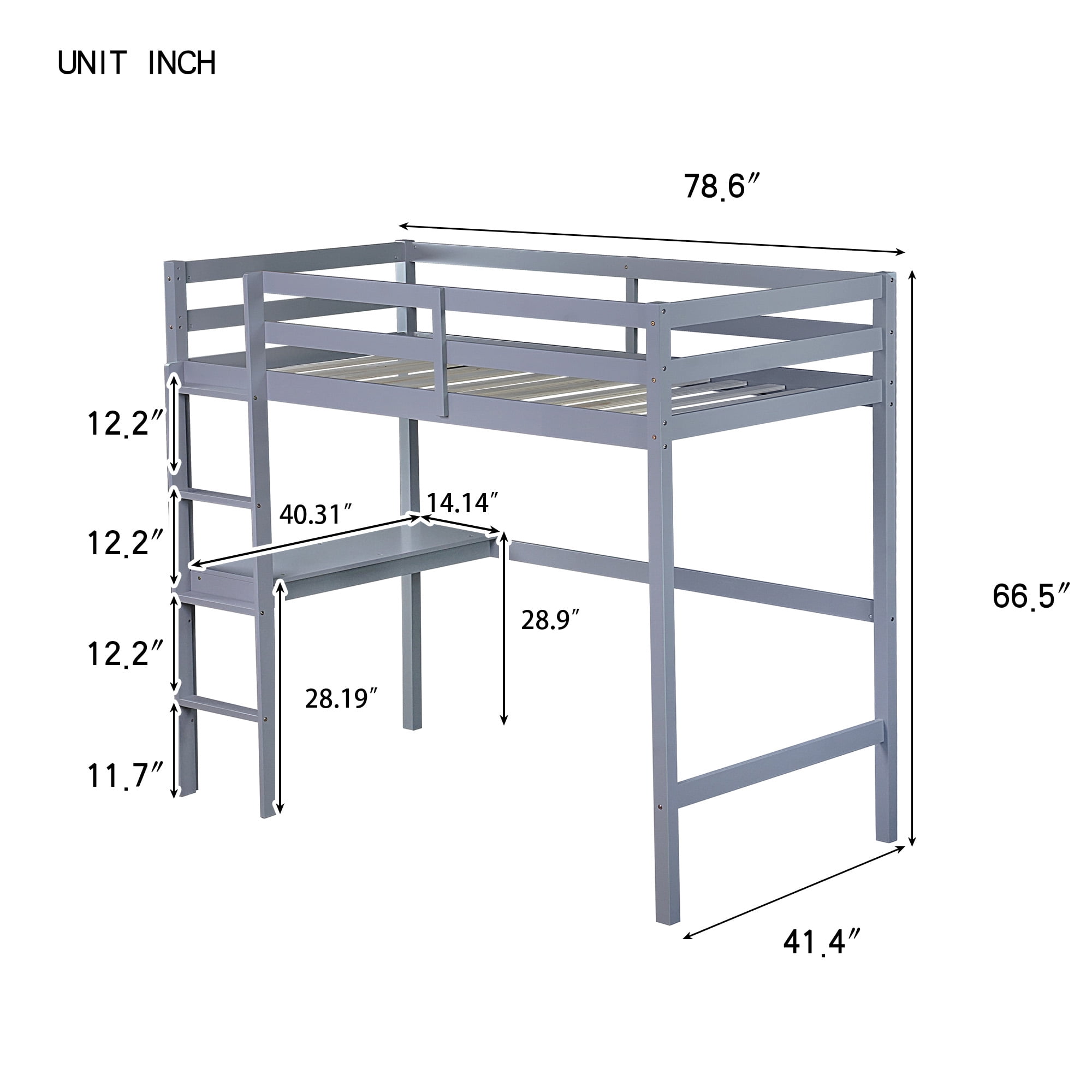 Miniyam Twin Loft Bed with Desk and Ladder, Rubber Wood Kids Bed with Guardrails, Gray