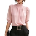 thumbnail image 4 of Womens Blouses Casual Tops Mock Neck Puff Sleeve Shirts Business Work Summer Outfits Lightweight Soft Daily Wear Fashion Tops by Yigetop Pink M, 4 of 6