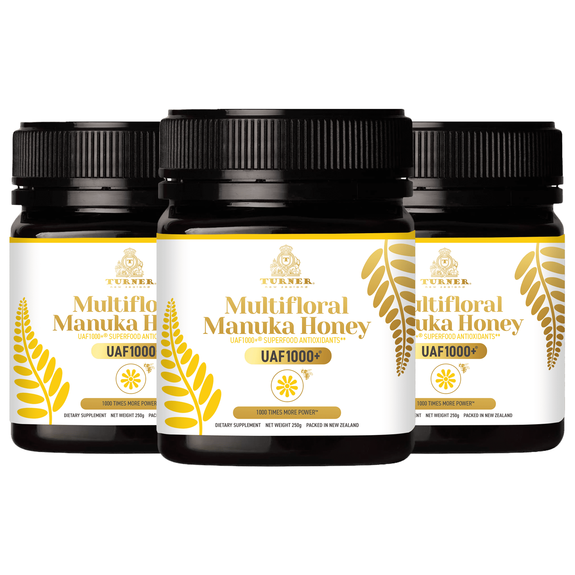 Turner New Zealand Multifloral Manuka Honey, Certified with UAF1000+ Antioxidants, Superfood Antioxidants Supplement, 3 Jars