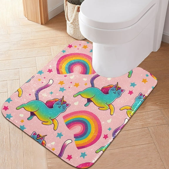 Toilet Rug U-Shaped Bathroom Rugs Non-Slip Soft Plush Machine Washable Contour Bath Mat Rainbow Cats Unicorns 24x20