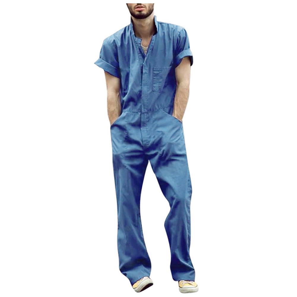 Men's Zipper Overalls Lapel Solid Color Jumpsuit Suit Thin Breathable