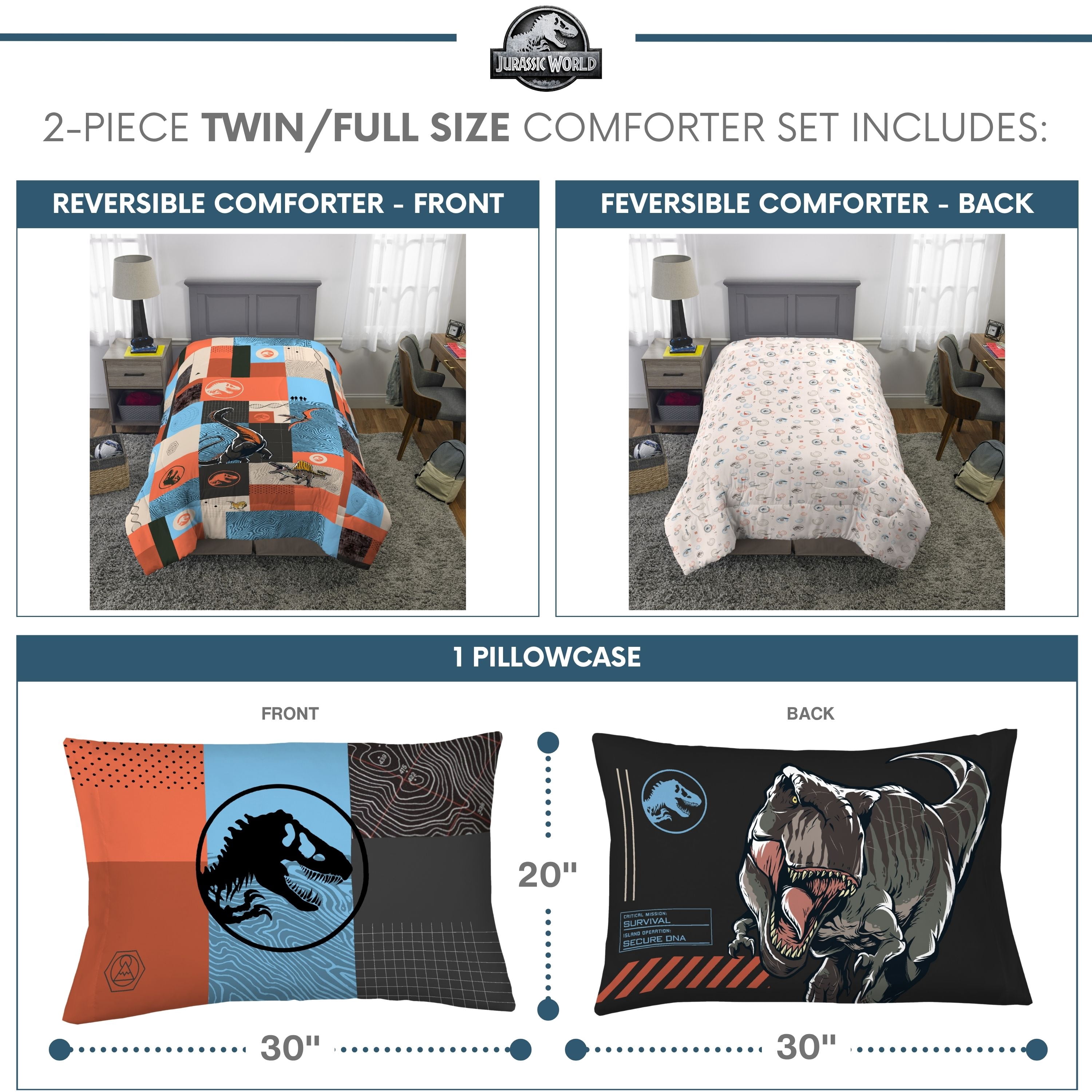 Jurassic World Kids 2 Piece Blue Orange Reversible Dinosaur Comforter and Pillowcase set, Twin/full