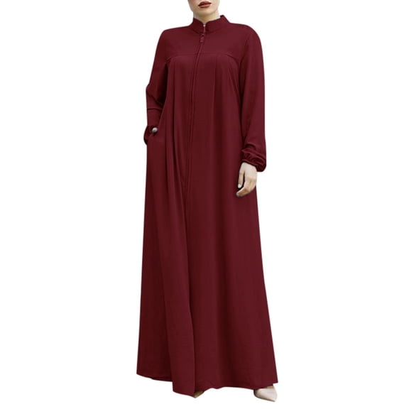 Women Middle Arabic Style Stand Up Collar Zipper Cardigan With Pockets Temperament Loose Robe And Elegant Prayer Robe Dress