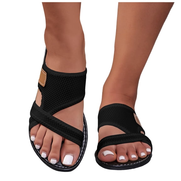 Rokment Mesh Flat Sandals for Women Beach Summer Lightweight Breathable Open Toe Athletic Outdoor Sports Walking Slip on Casual Comfortable Slippers Black Size 6.5