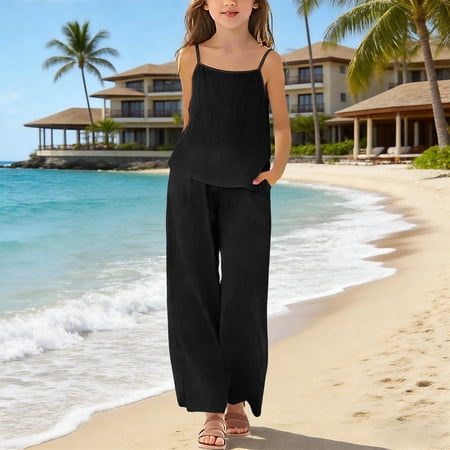 UACY Linen Outfit Girls 2 Piece Outfits Sleeveless Top Tshirts and Loose High Waisted Summer Pants Set (Black 7-8 Years)