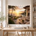 thumbnail image 5 of Sunset Over Ocean with Tropical Plants and Sailboat on a Stone Patio, Romantic Coastal for Beach Lovers, Luxury Villa Art, Housewarming Gift, Tapestry Wall Hanging for Bedroom and Living Room, 5 of 7