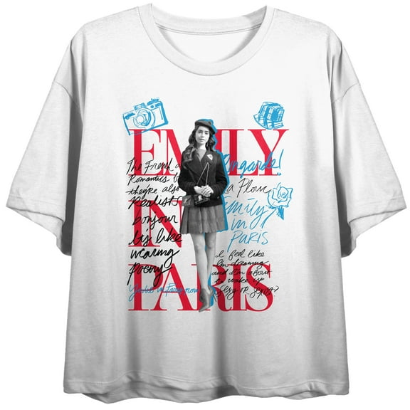 Emily in Paris Sketch Art With Emily and Title Logo Women's White Double Sided Crop Tee-Medium