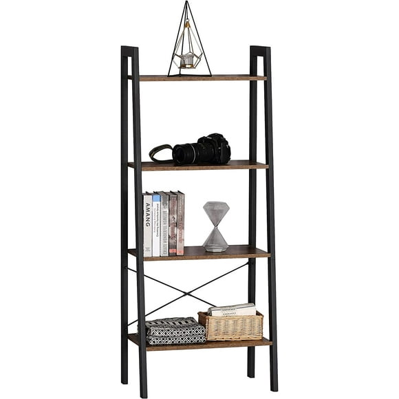 4-Tier Ladder Bookshelf WoodeN, Standing Bookcase Shelf Organizer with Stable Metal Frame for Display and Storage
