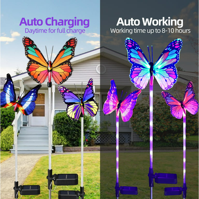 Garden Solar Lights Outdoor, 3 Pack Solar Stake Lights Multi-Color Changing  LED Butterfly, Fiber Optic Decorative Lights for Yard