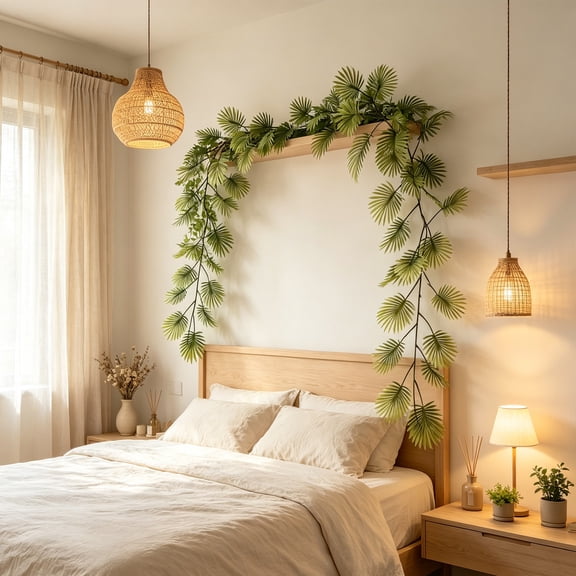 Doghiosgha Artificial Palm Leaf Hanging Vine Faux Trailing Greenery for Wall Shelf Bedroom Indoor Decor, 71 Inch