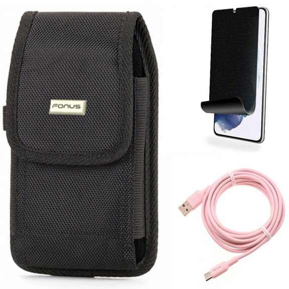 For Samsung Galaxy S21 (6.2") - Holster Swivel Case Belt Clip   [Fingerprint Works] TPU Film Privacy Screen Protector   Charger Cord Pink 10ft Long USB-C Cable