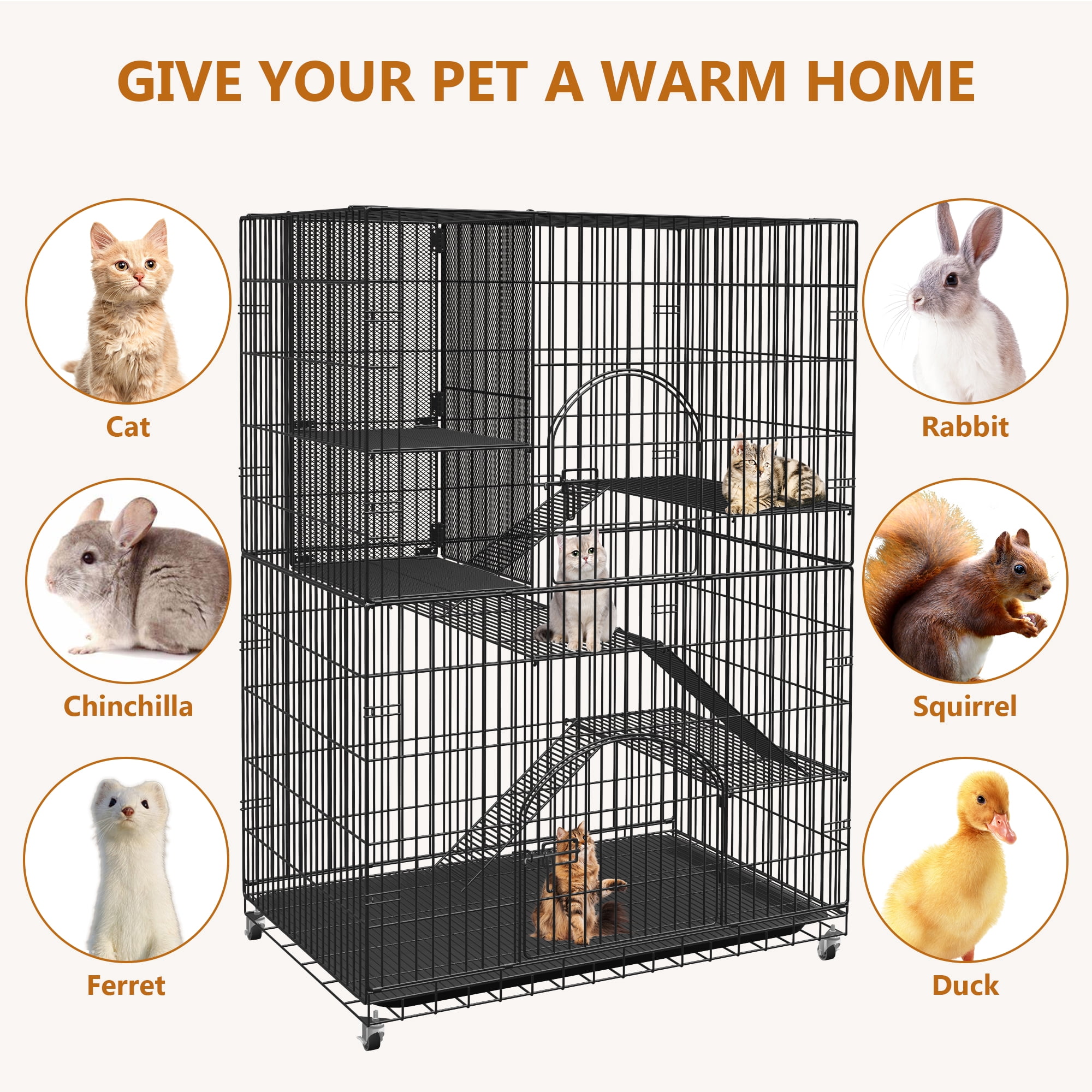 SQIREP Collapsible Cat Cage with Storage Cube Indoor Catio Cat Enclosures Metal Cat Playpen with Large Hammock for 1-4 Cats 4 Tiers Cat Kennel