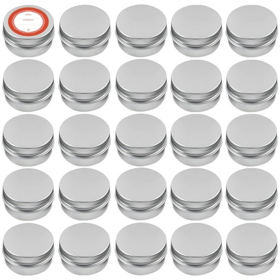 Aluminum Tin Cans with Screw Lid and Labels 24 Pack 2 oz Refillable Travel Cosmetic Containers Small Tins for DIY Salves Candles Wax Lotion Bars Beard Balms