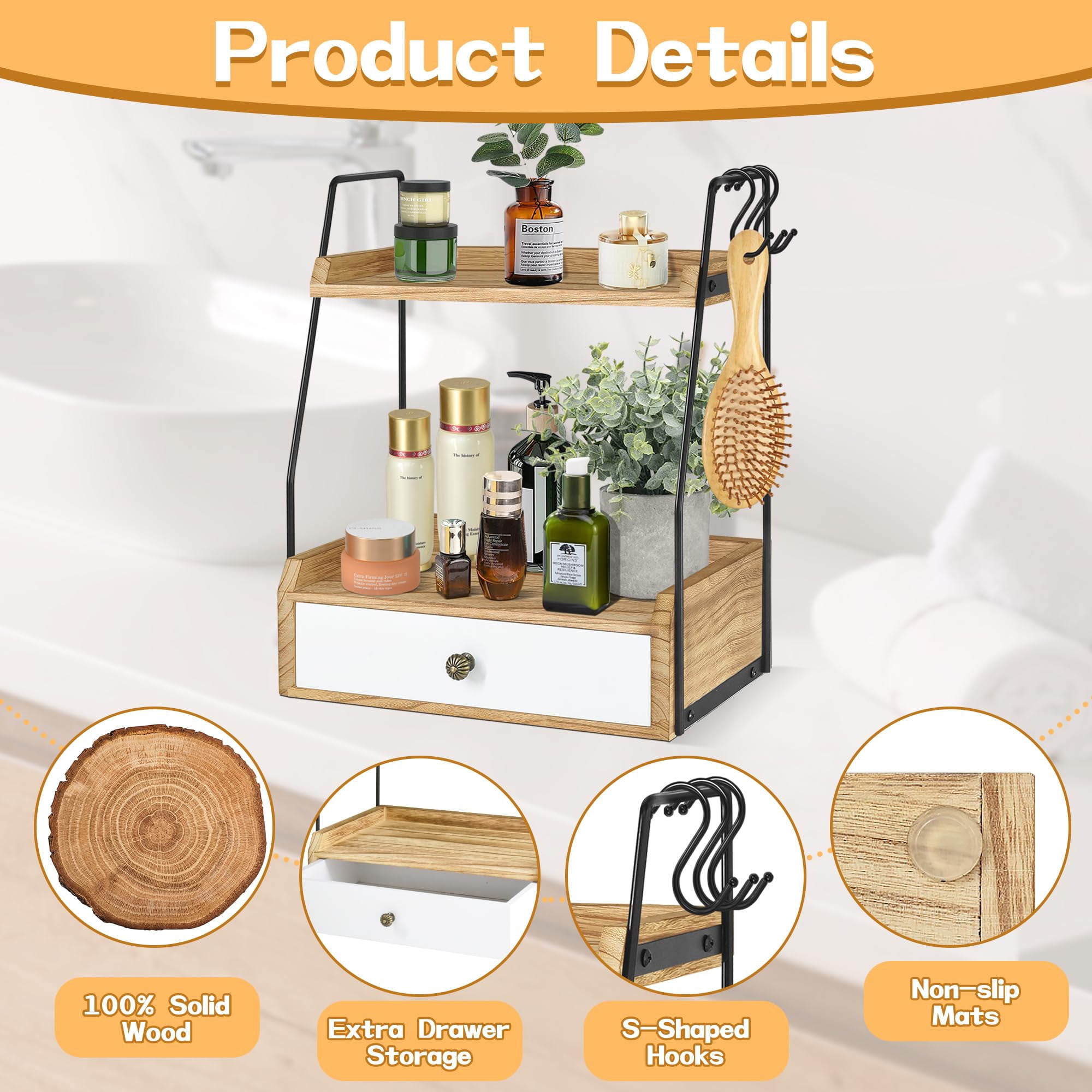 2 Tier Bathroom Counter Organizer with Drawer, Wood Bathroom Storage Shelf Counter for Cosmetic Vanity Tray Kitchen Spice Rack Coffee Station Organizer, Bathroom Decor