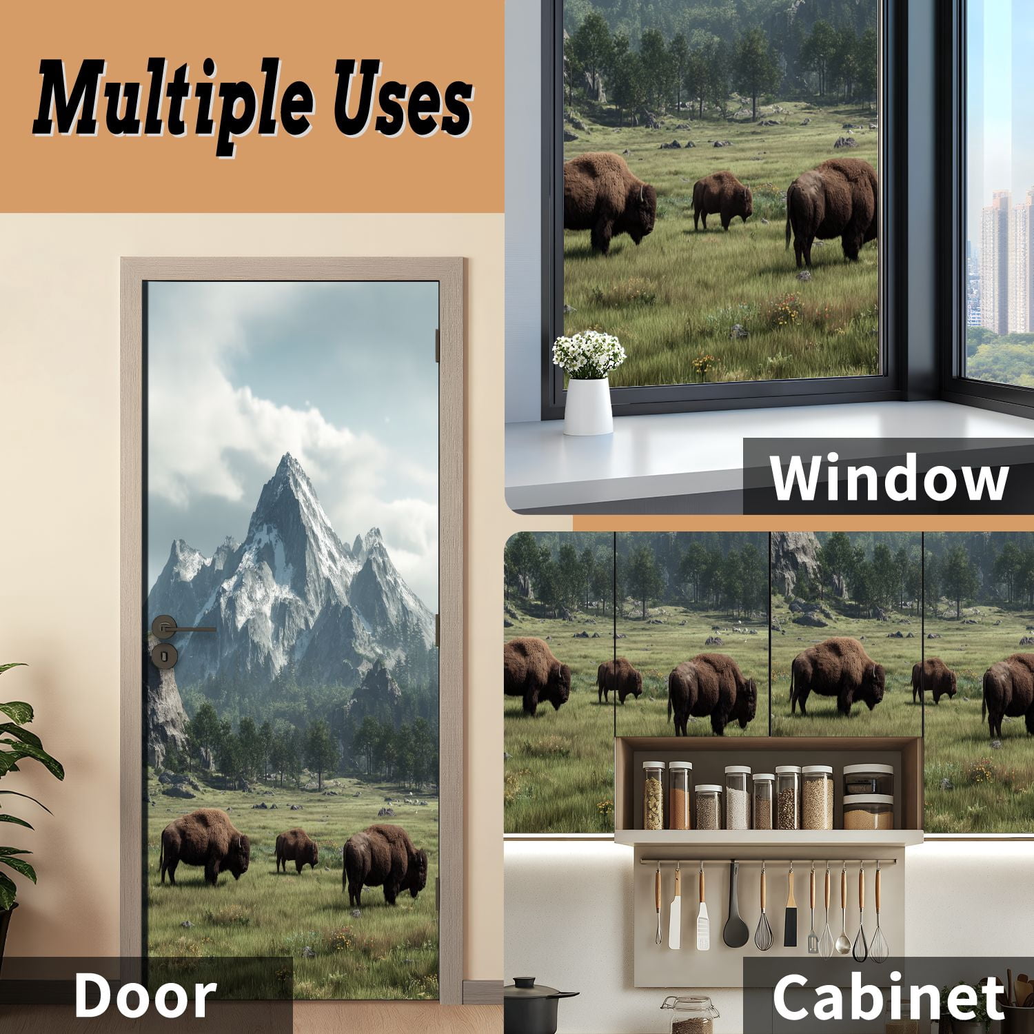Self Adhesive Vinyl Refrigerator Wrap Set American Buffalo Door Mural Removable Fridge Sticker Peel and Stick&nbsp;Full Door Cover Decal Kitchen Bar Decor