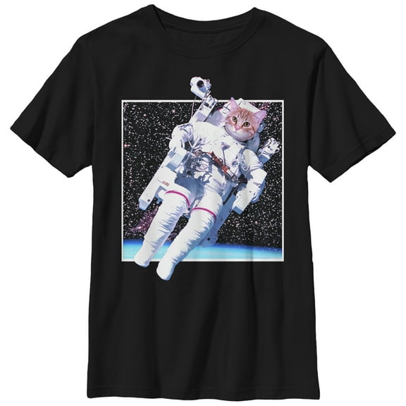 Boy's Lost Gods Cat Astronaut in Space  Graphic Tee Black Small