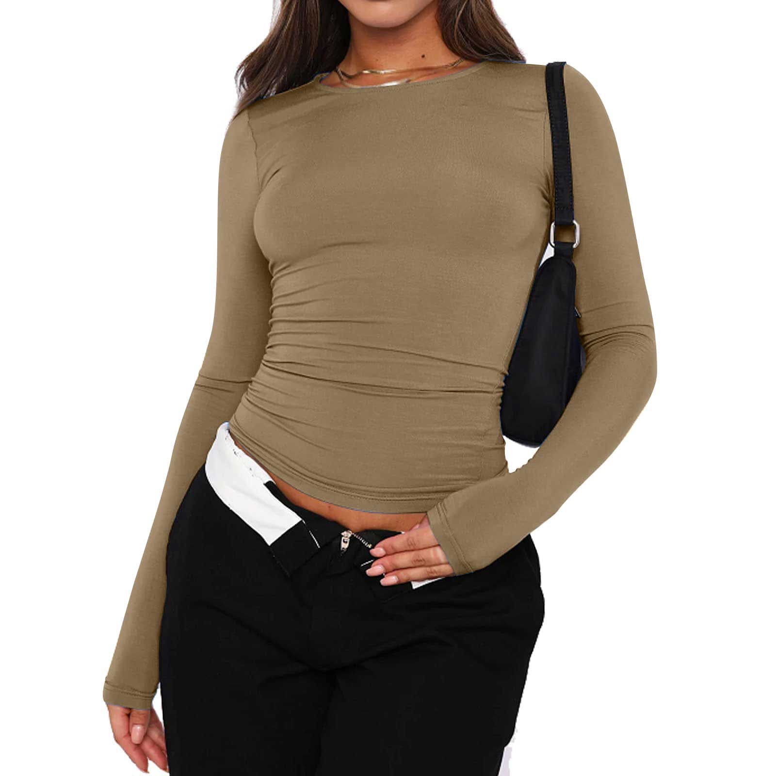 Ekouaer Long Sleeve Tight Shirt Womens Slim Fit Top Stretch Fitted Shirts  Scoop Neck Thermal Undershirts Thermals Tee Beige,Coffee S - Yahoo Shopping