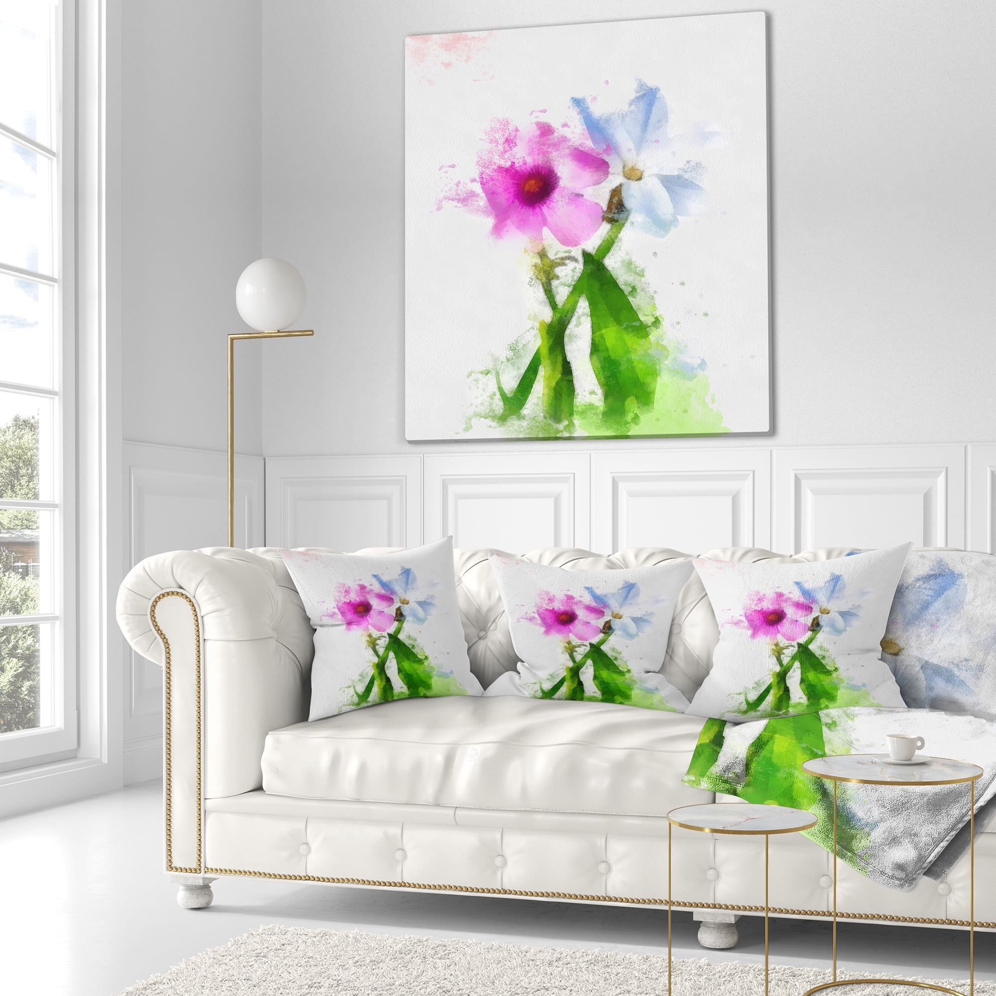 Designart Purple Mallow and Blue Chamomile - Floral Throw Pillow - 18x18