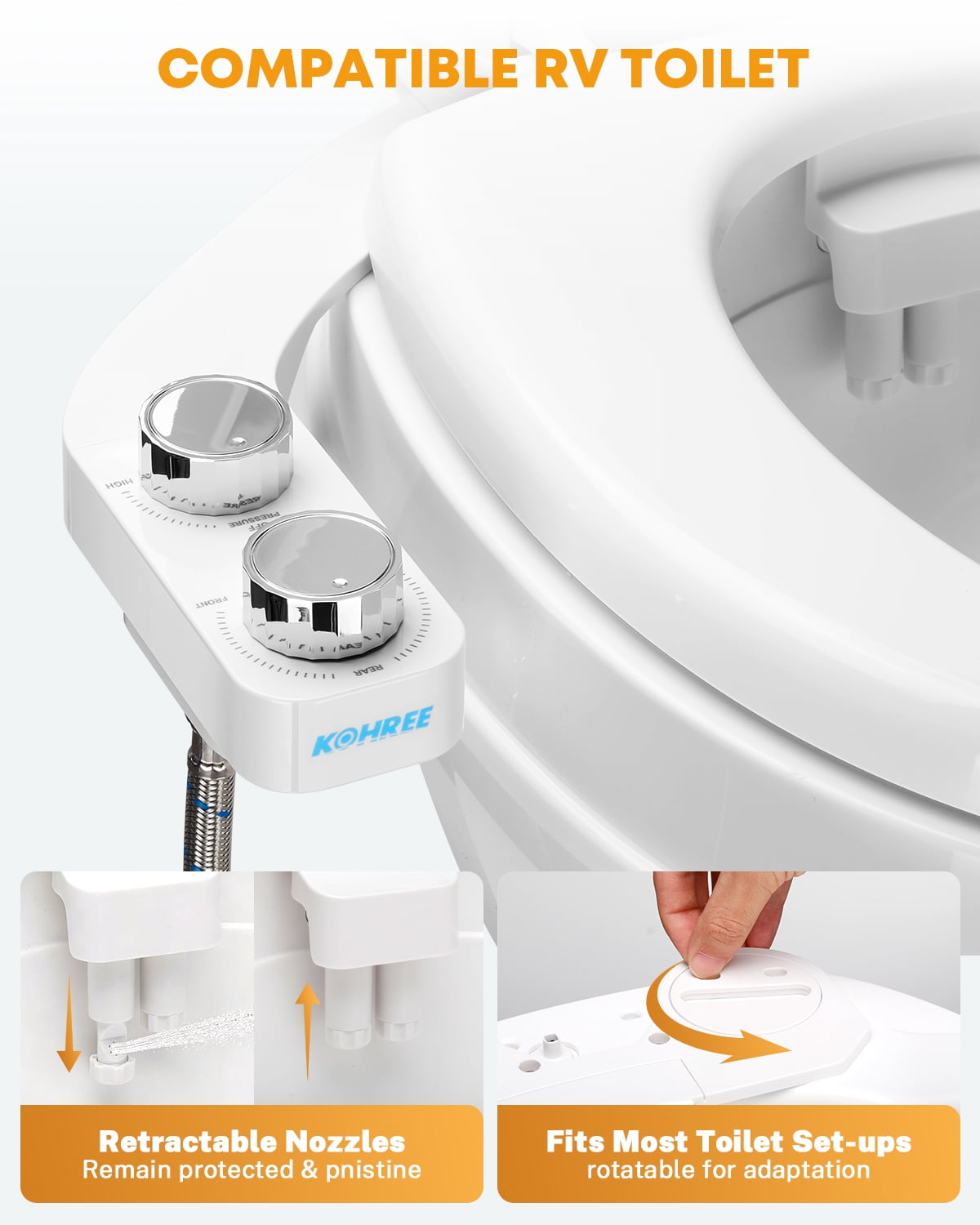 Kohree RV Bidet-360°Self Cleaning, Adjustable Dual Nozzle,Included Metal Mounting Hardware and Hose for Most RV Toilets