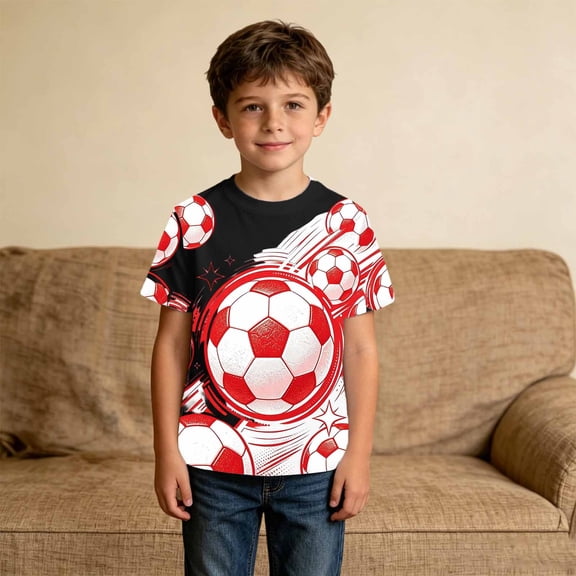 Boys T Shirts Football Print Crew Neck Short Sleeve Casual Play Shirt Tops for Everyday Wear Boys' Tops Tees Shirts Black 1 Years-2 Years