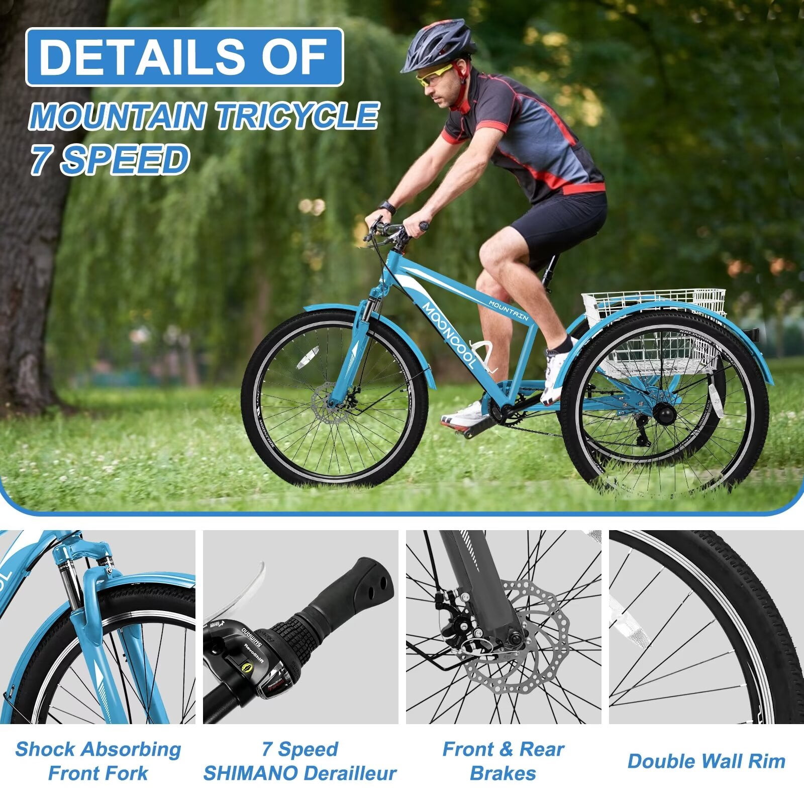 Lilypelle Mountain Tricycle for Adults, MTB 7 Speed Three Wheel Bike, 24/26/27.5 Inch Adults Trikes w/ Disc Brake & Cargo Basket for Women, Men, Seniors