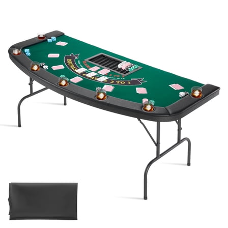 VEVOR Foldable Poker Table, 7 Player 72 in Folding Casino Leisure Table with Padded Rails & Cup Holders, Semi-oval Portable Game Tables with Felt & Metal Legs, for Texas Holdeem Game and Blackjack