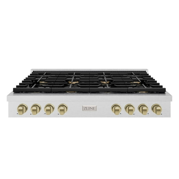 ZLINE 48 in. Autograph Edition Paramount Gas Rangetop with 8 Burners and Porcelain Cooktop in DuraSnow Stainless Steel with Champagne Bronze Accents (SRTSZ-48-CB)