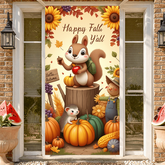 Woodland Animals Autumn Banner Rustic Harvest Fall Decoration Squirrel Pumpkin Sunflower for Thanksgiving Festival Garden Event