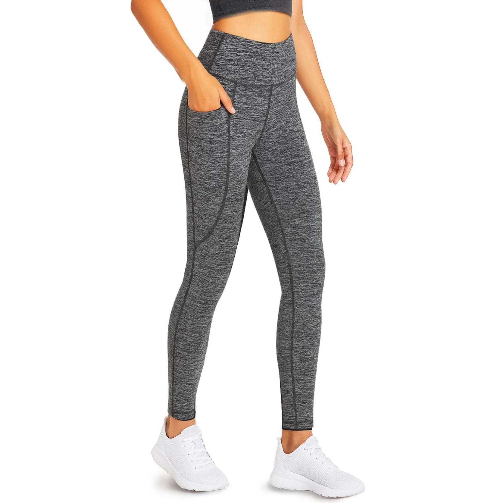 GymCope Leggings for Women, High Waist Womens Pants with Deep Side Pockets, Non-See-Through Workout Yoga Pants, Ankle Length Black+Gray M