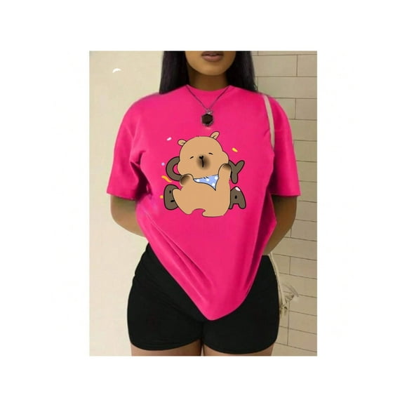 Playera Blusa De Capybara Con Paliacate Diseño Divertido Ropa Para Mujer Capibara Color Fucsia Talla Grande Marca Emil SaEs