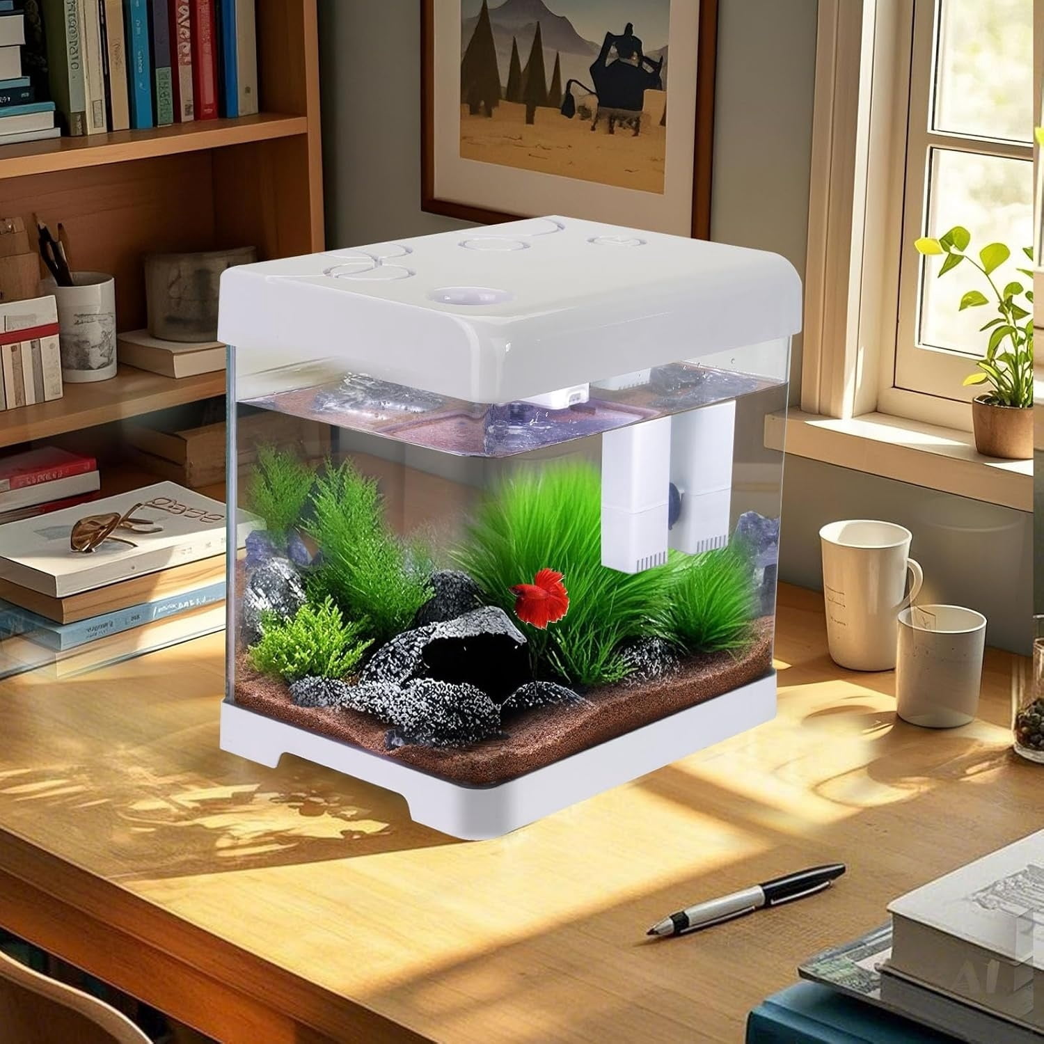 Small Fish Tank,5 Gallon Glass Aquarium Betta Fish Tank Starter Kit with Filter and LED Light.（White）