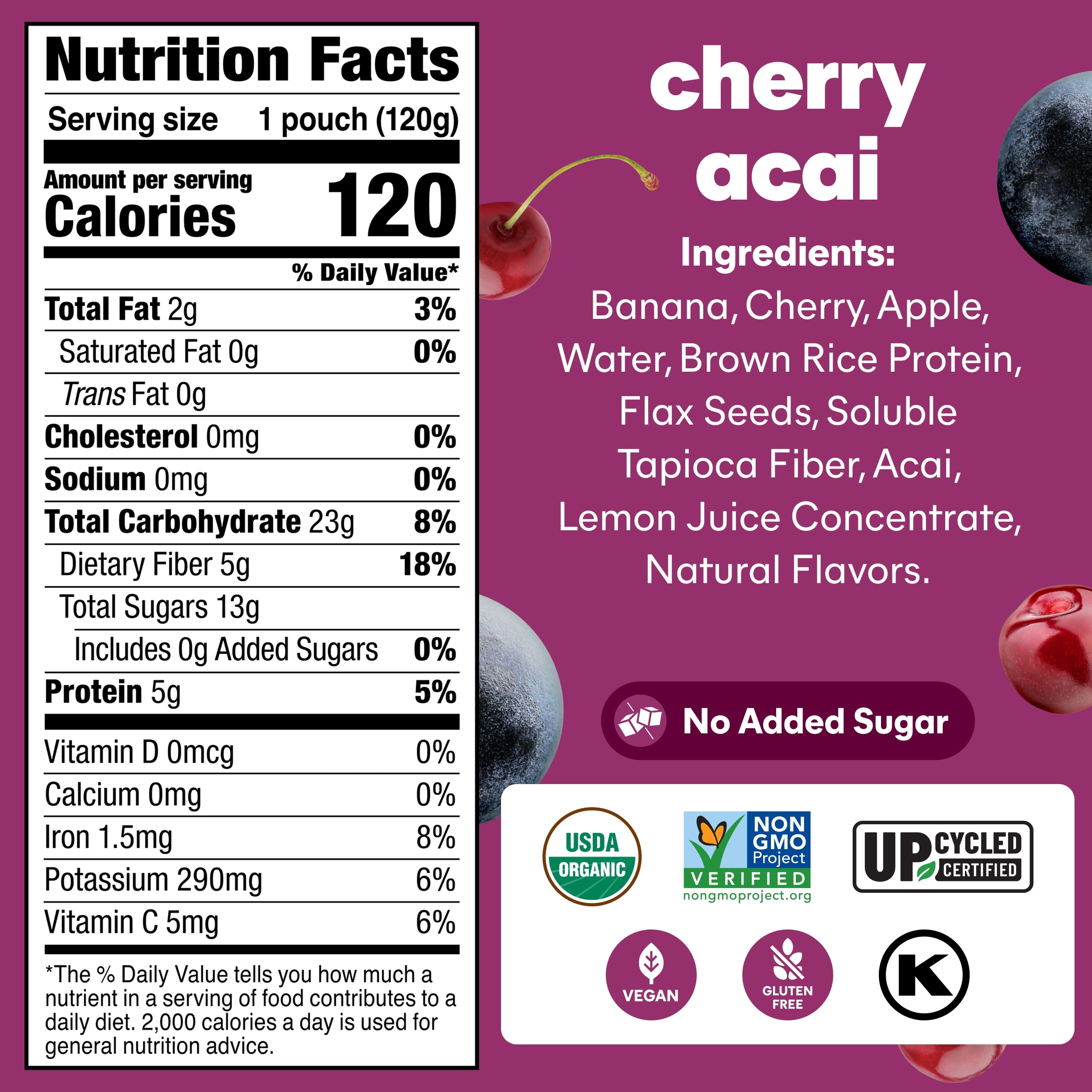 (3 pack) Noka Organic Superfood Smoothie Pouches, Plant Protein, Cherry Acai, 4.22oz, 4 Pack