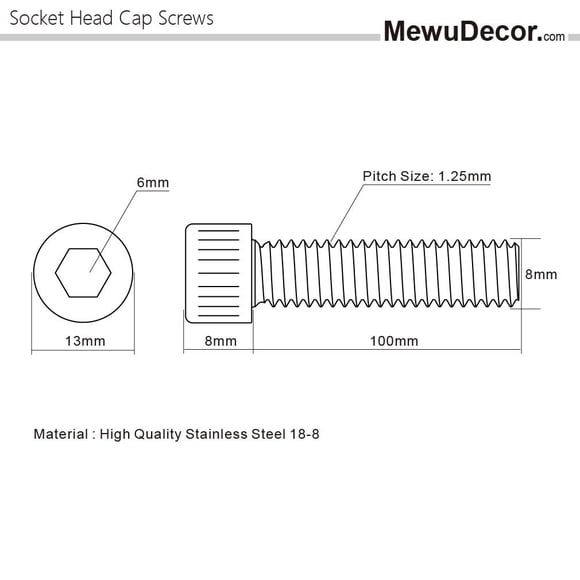 M8-1.25 x 100mm Vis de Tête de Douille, Entraînement de Douille Allen, Acier Inoxydable 18-8 (304), Filetage Complet, Finition Lumineuse, Filetage à la Machine, 5 Pcs