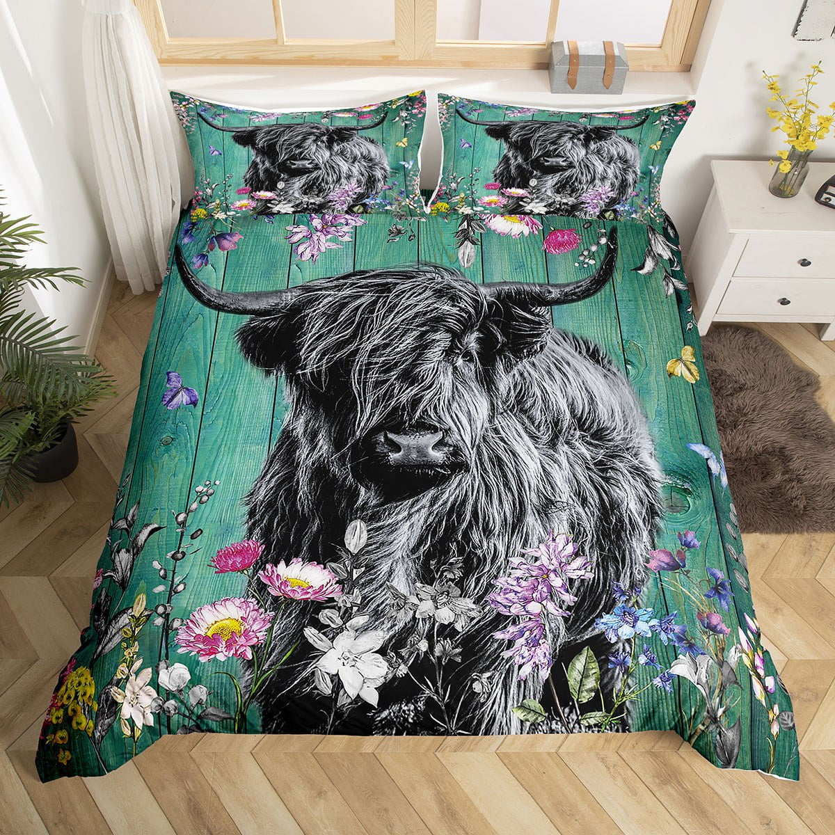 Highland Cow Duvet Cover Green Rustic Plank Flowers Plant Weed Bedding