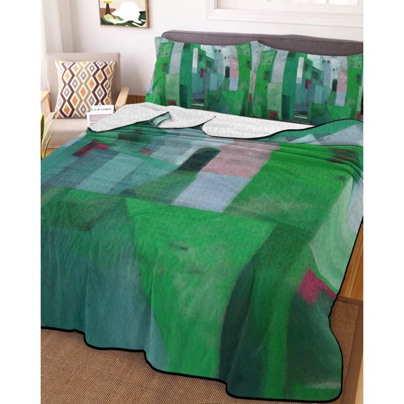 Twin Quilt Bedding Set, Abstracts Green Painting Buildings Lightweight Coverlet Summer Comforter Set Soft Microfiber Bedspread, Oil Painting Art 3 Piece Quilt Set with 2 Pillow Shams