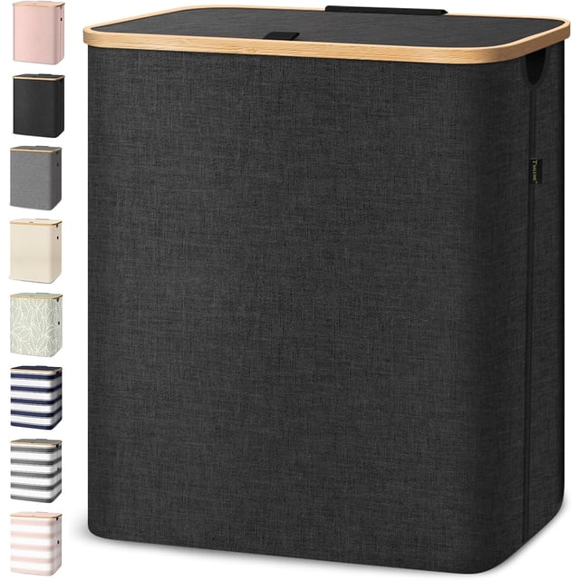 BALEINE Laundry Hamper with Lid, Tall Laundry Baskets with Bamboo Pull Handles, Large Laundry Bin with Internal Support (26 Gal/100L, Grey)