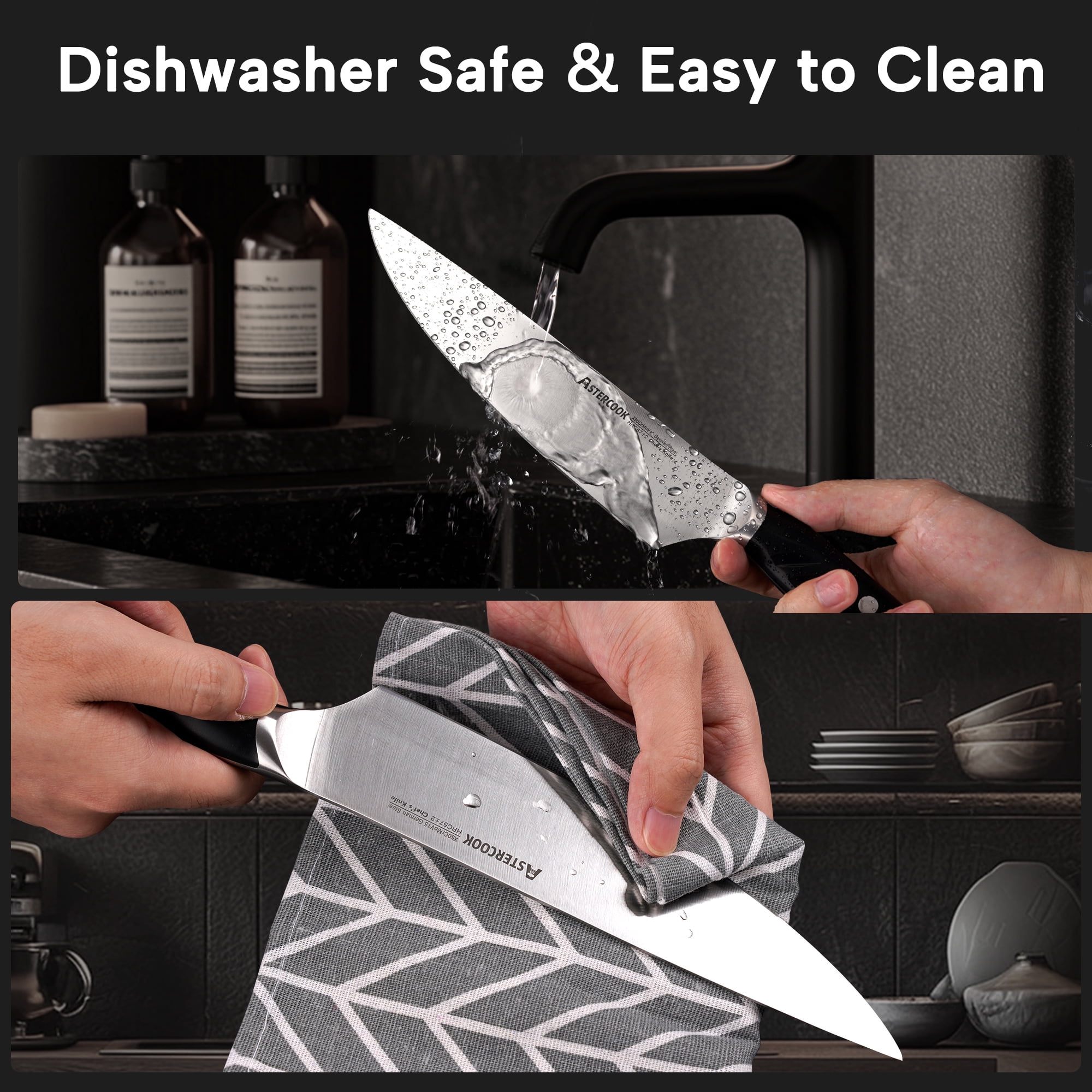 Astercook 14-Piece Kitchen Knife Set with Block & Bulid-in Sharpener, German 1.4116 Stainless Steel Knife Block Set, Full Tang Knives Sets, Anti-slip Ergonomic Handle & Dishwasher Safe Black